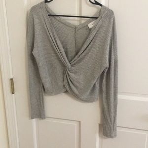 Grey twist-front long sleeve crop top